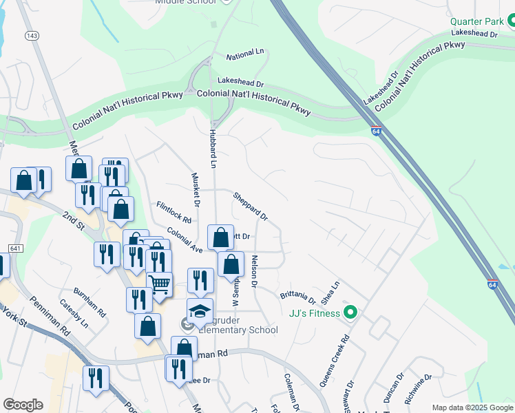map of restaurants, bars, coffee shops, grocery stores, and more near 163 Sheppard Drive in Williamsburg