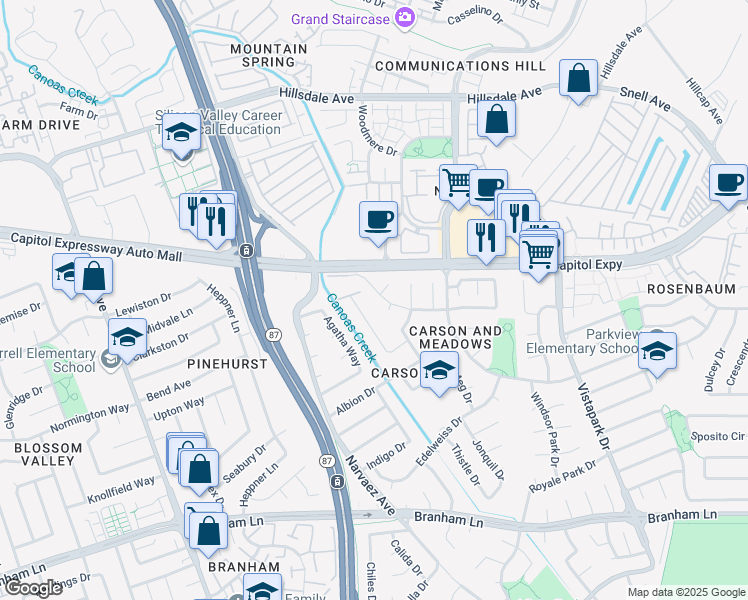 map of restaurants, bars, coffee shops, grocery stores, and more near 640 Lanfair Drive in San Jose