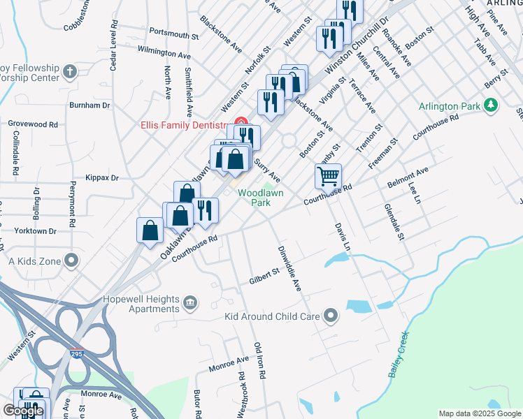 map of restaurants, bars, coffee shops, grocery stores, and more near 3520 Boston Street in Hopewell