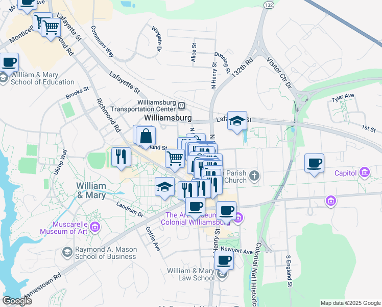 map of restaurants, bars, coffee shops, grocery stores, and more near 246 North Boundary Street in Williamsburg