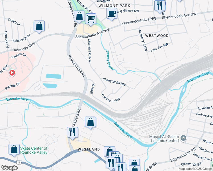 map of restaurants, bars, coffee shops, grocery stores, and more near 229 Frances Drive Northwest in Roanoke
