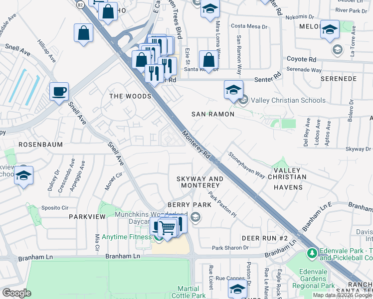 map of restaurants, bars, coffee shops, grocery stores, and more near 69 River Ash Court in San Jose