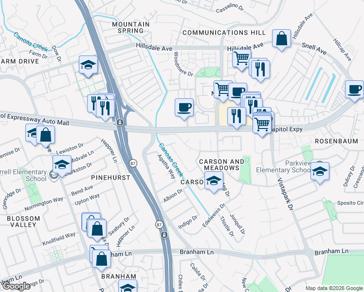 map of restaurants, bars, coffee shops, grocery stores, and more near 640 Lanfair Drive in San Jose