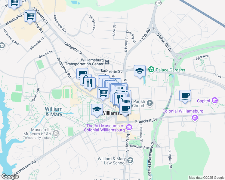 map of restaurants, bars, coffee shops, grocery stores, and more near 246 North Boundary Street in Williamsburg