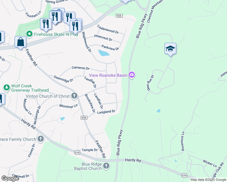 map of restaurants, bars, coffee shops, grocery stores, and more near 752 Devonshire Drive in Vinton