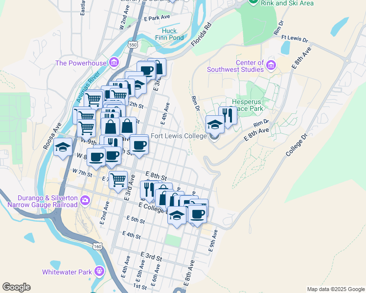 map of restaurants, bars, coffee shops, grocery stores, and more near 541 East 10th Street in Durango