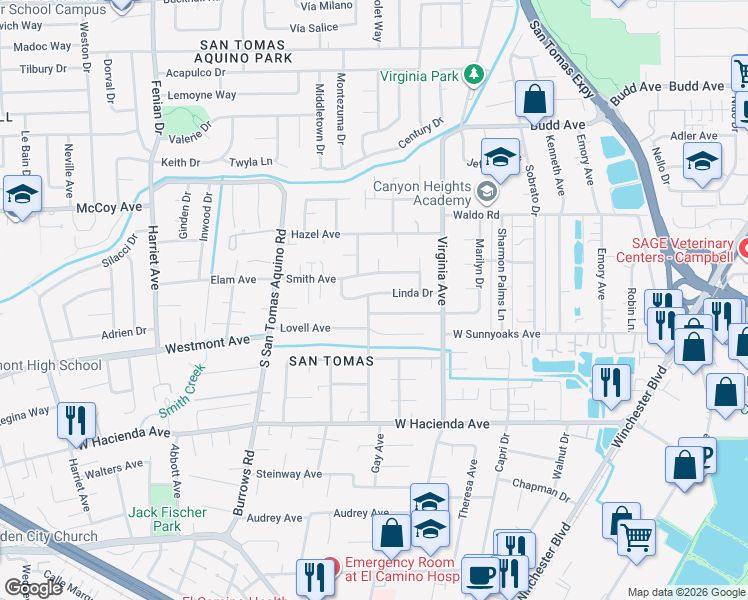 map of restaurants, bars, coffee shops, grocery stores, and more near 1040 Linda Drive in Campbell