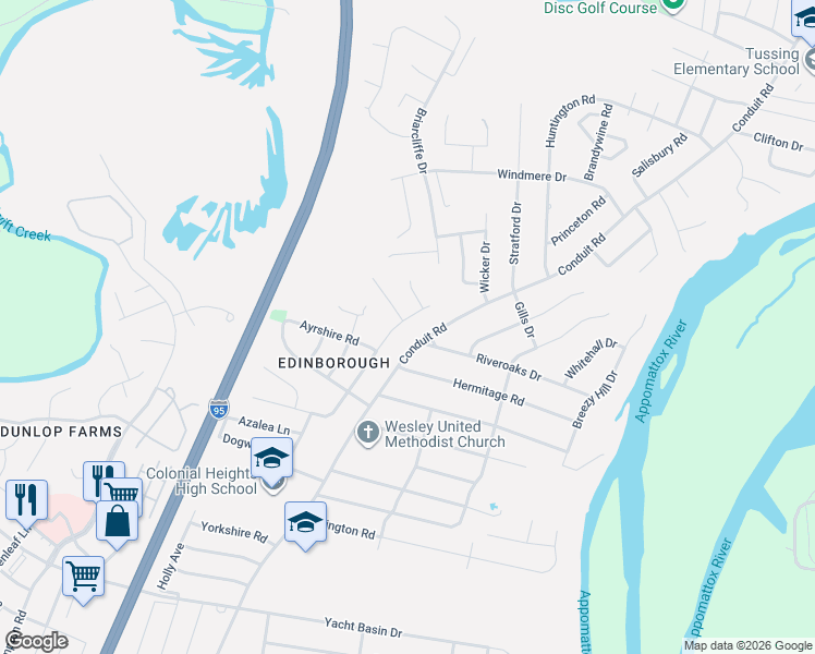 map of restaurants, bars, coffee shops, grocery stores, and more near 3900 Perthshire Lane in Colonial Heights