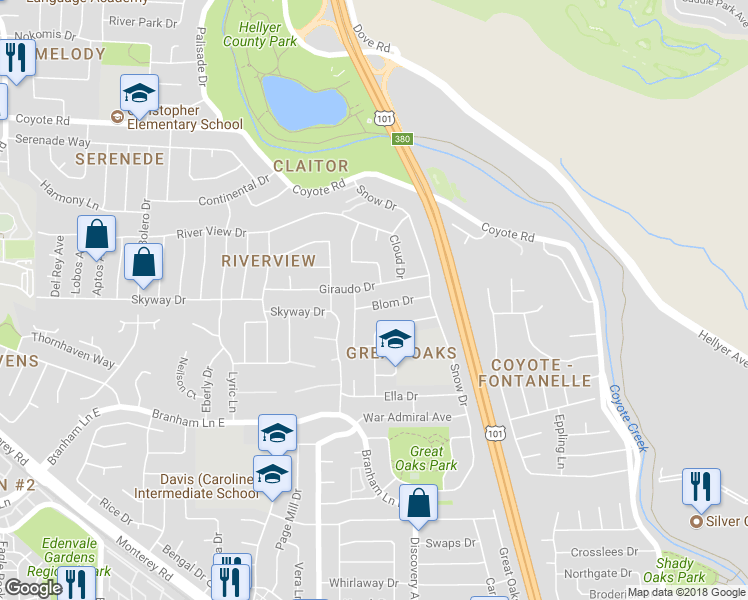 map of restaurants, bars, coffee shops, grocery stores, and more near 595 Blom Drive in San Jose