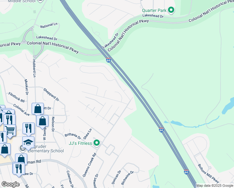 map of restaurants, bars, coffee shops, grocery stores, and more near 108 Oakmont Circle in Williamsburg