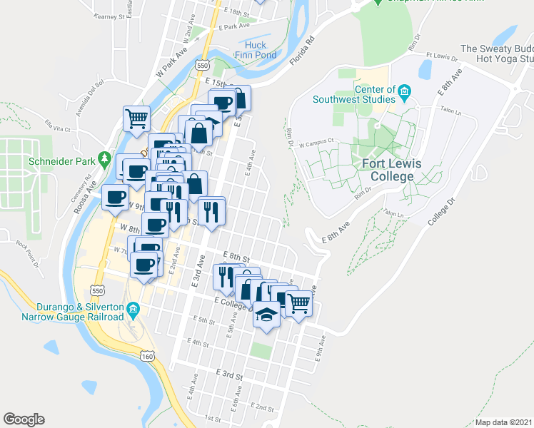 map of restaurants, bars, coffee shops, grocery stores, and more near 1004 East 5th Avenue in Durango