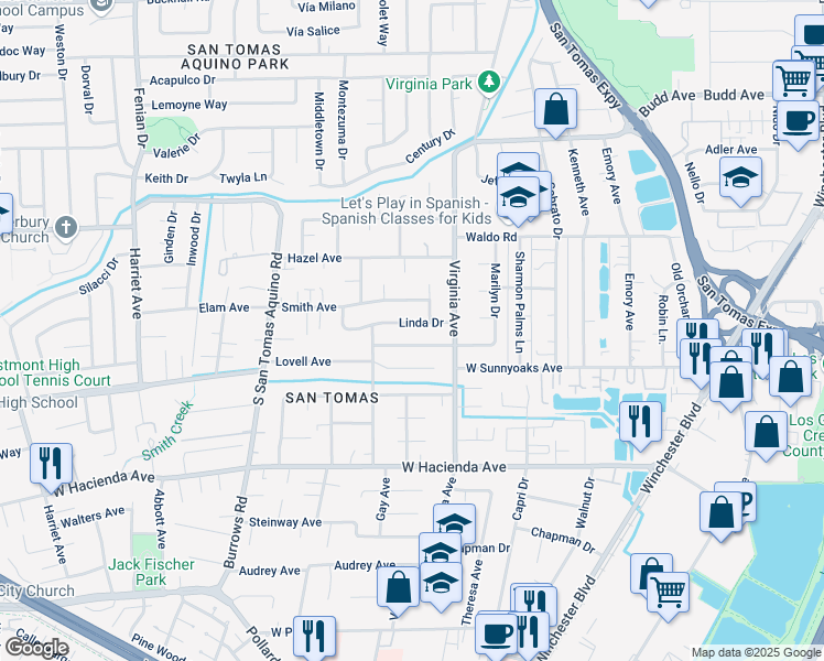 map of restaurants, bars, coffee shops, grocery stores, and more near 978 Linda Drive in Campbell