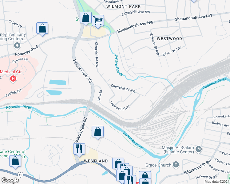 map of restaurants, bars, coffee shops, grocery stores, and more near 229 Frances Drive Northwest in Roanoke