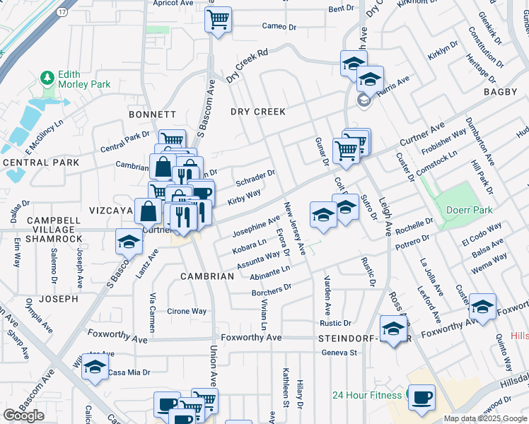 map of restaurants, bars, coffee shops, grocery stores, and more near 1971 Curtner Avenue in San Jose