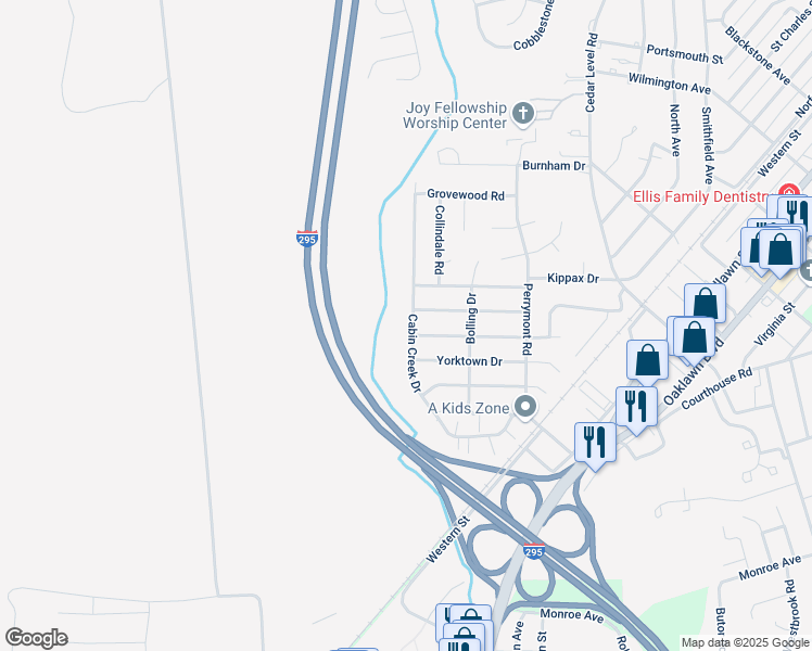 map of restaurants, bars, coffee shops, grocery stores, and more near 642 Cabin Creek Drive in Hopewell