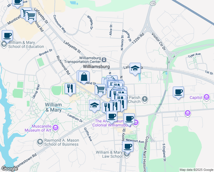 map of restaurants, bars, coffee shops, grocery stores, and more near 240 North Boundary Street in Williamsburg