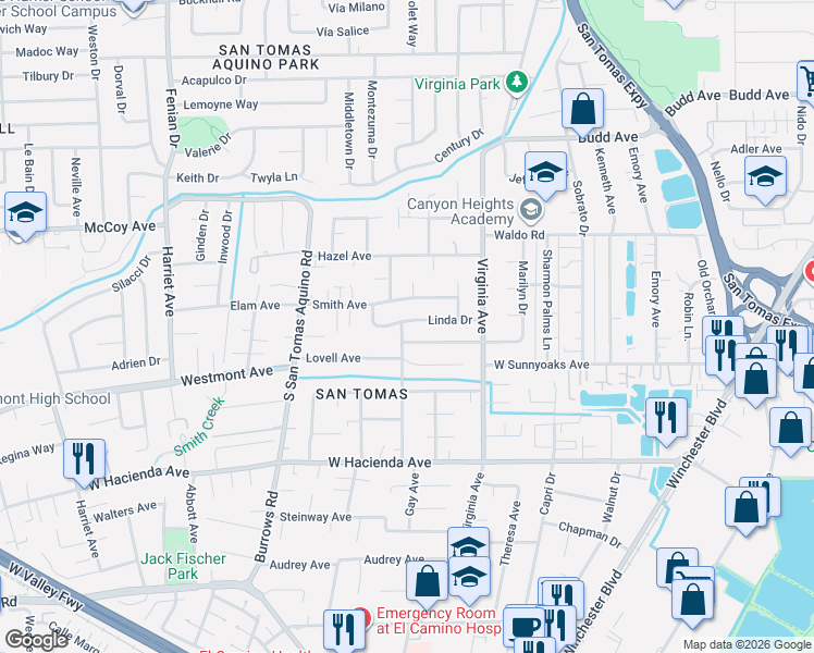 map of restaurants, bars, coffee shops, grocery stores, and more near 1010 Linda Drive in Campbell