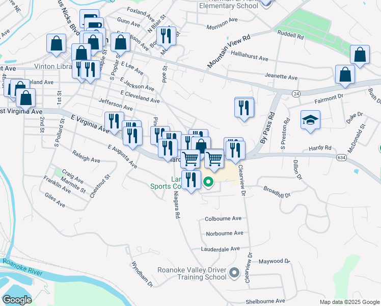 map of restaurants, bars, coffee shops, grocery stores, and more near 900 Hardy Road in Vinton