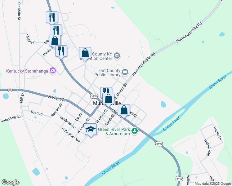 map of restaurants, bars, coffee shops, grocery stores, and more near 210 E Union St in Munfordville