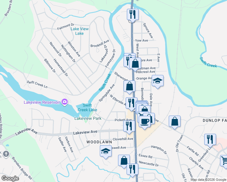 map of restaurants, bars, coffee shops, grocery stores, and more near 418 Springdale Avenue in Colonial Heights