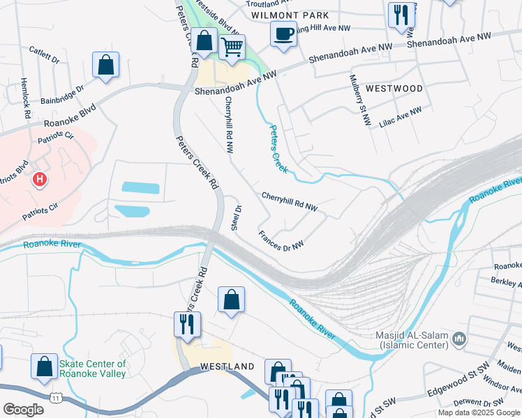 map of restaurants, bars, coffee shops, grocery stores, and more near 236 Frances Drive Northwest in Roanoke