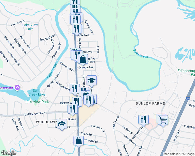 map of restaurants, bars, coffee shops, grocery stores, and more near 3201 Dale Avenue in Colonial Heights