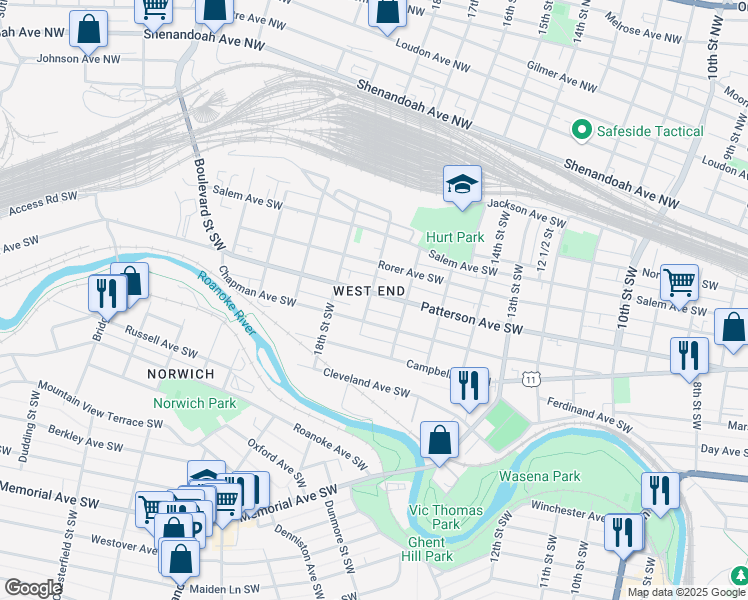 map of restaurants, bars, coffee shops, grocery stores, and more near 1650 17th Street Southwest in Roanoke