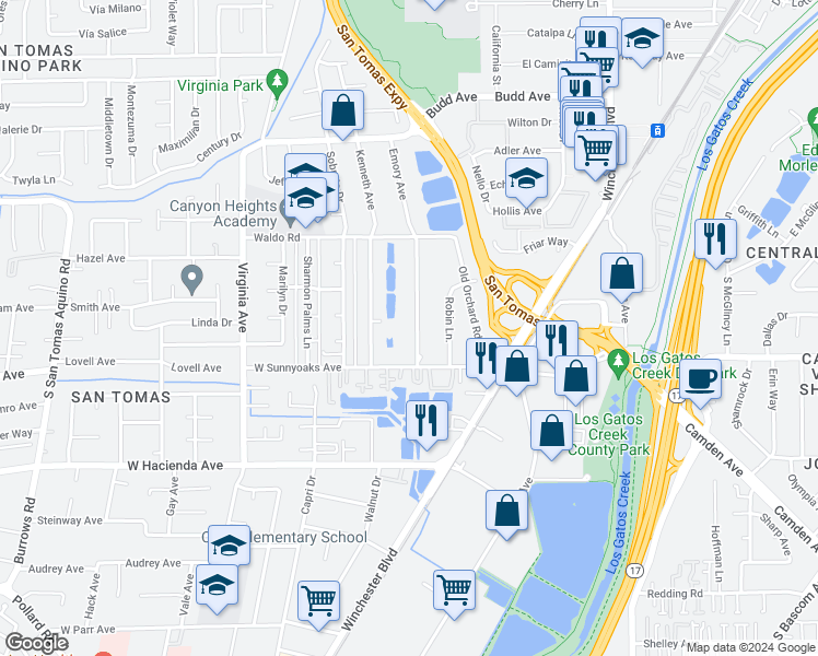 map of restaurants, bars, coffee shops, grocery stores, and more near 927 Emory Avenue in Campbell
