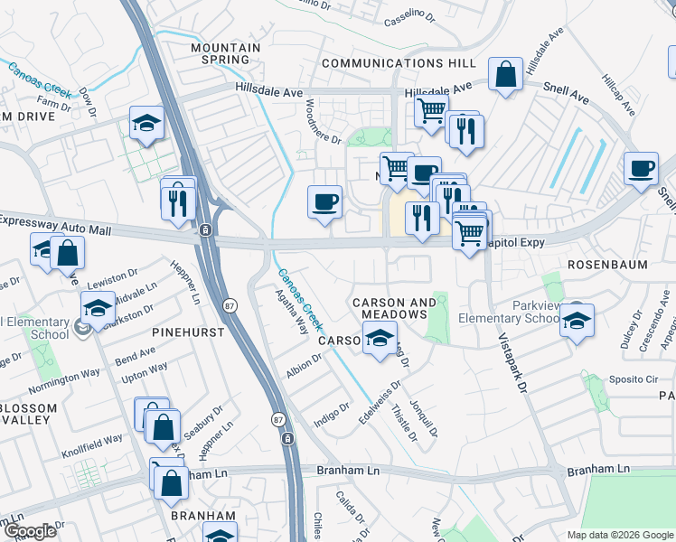 map of restaurants, bars, coffee shops, grocery stores, and more near 623 Lanfair Dr in San Jose