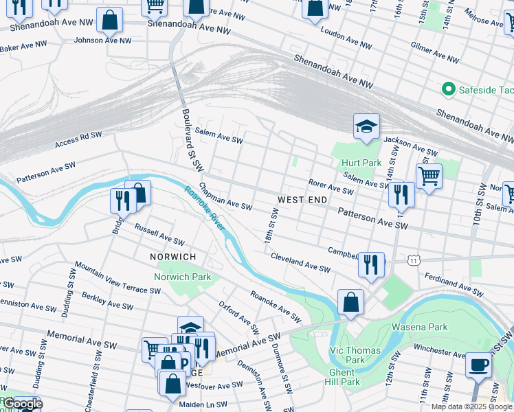 map of restaurants, bars, coffee shops, grocery stores, and more near 1825 Chapman Avenue Southwest in Roanoke