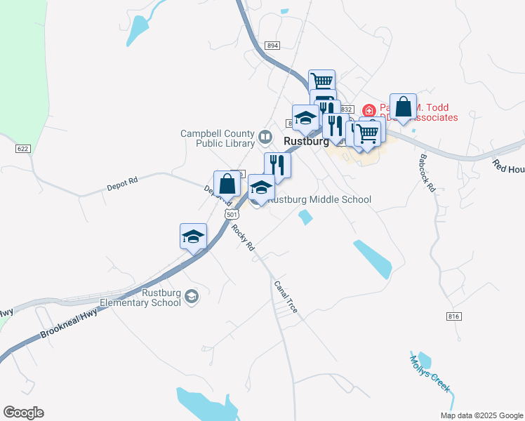 map of restaurants, bars, coffee shops, grocery stores, and more near 555 Village Highway in Rustburg