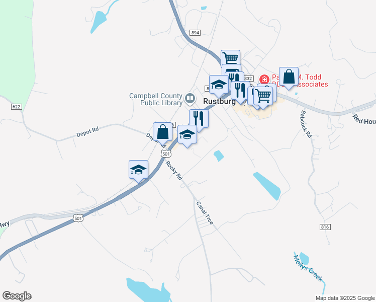 map of restaurants, bars, coffee shops, grocery stores, and more near 555 Village Highway in Rustburg