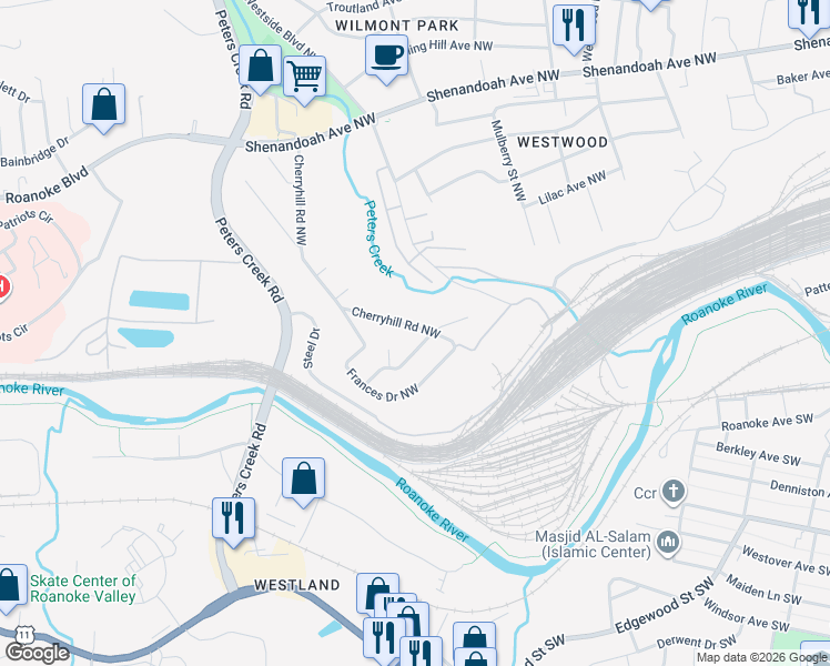 map of restaurants, bars, coffee shops, grocery stores, and more near 204 Cherryhill Road Northwest in Roanoke