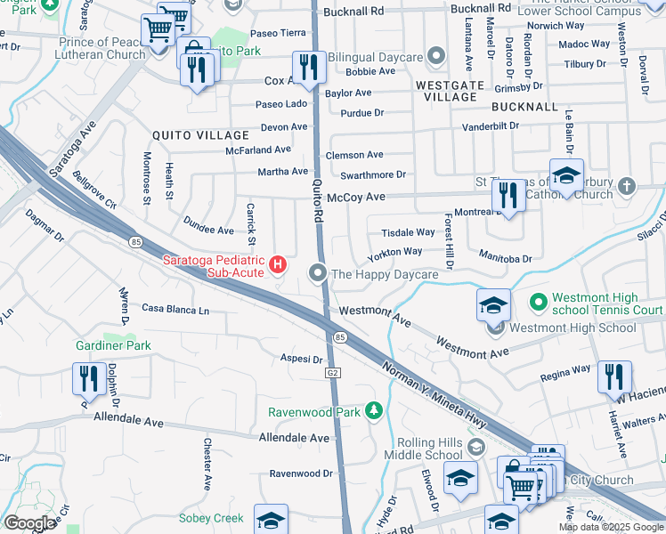map of restaurants, bars, coffee shops, grocery stores, and more near 5289 Yorkton Way in San Jose