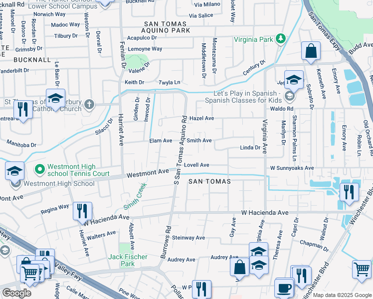 map of restaurants, bars, coffee shops, grocery stores, and more near 944 South San Tomas Aquino Road in Campbell