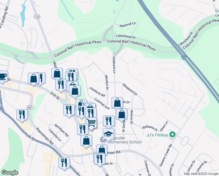 map of restaurants, bars, coffee shops, grocery stores, and more near 418 Musket Drive in Williamsburg