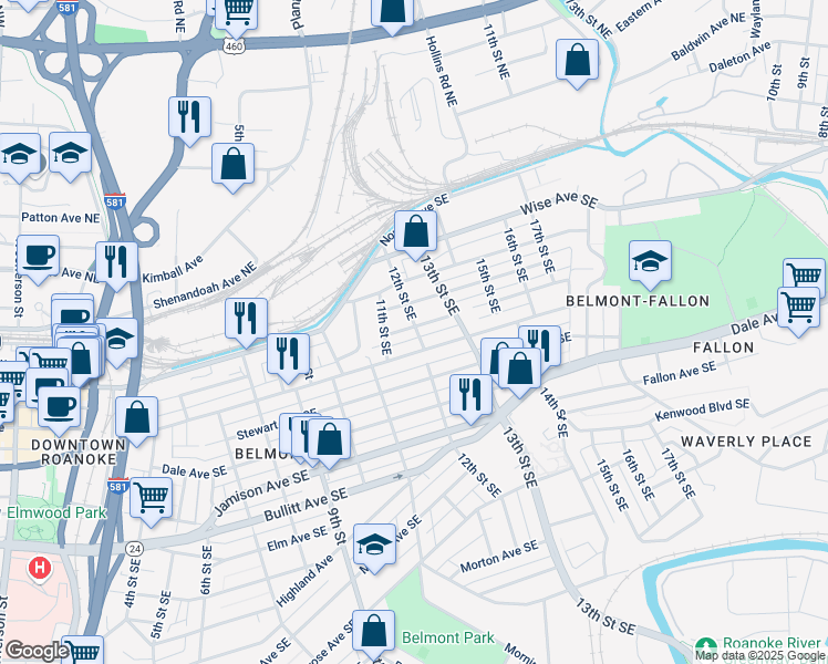 map of restaurants, bars, coffee shops, grocery stores, and more near 1123 Church Avenue Southeast in Roanoke