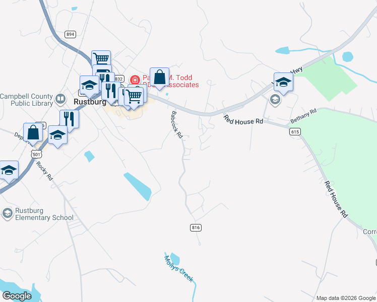 map of restaurants, bars, coffee shops, grocery stores, and more near 224 Babcock Road in Rustburg
