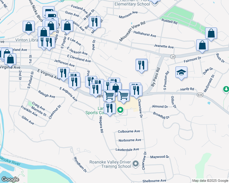 map of restaurants, bars, coffee shops, grocery stores, and more near 900 Hardy Road in Vinton
