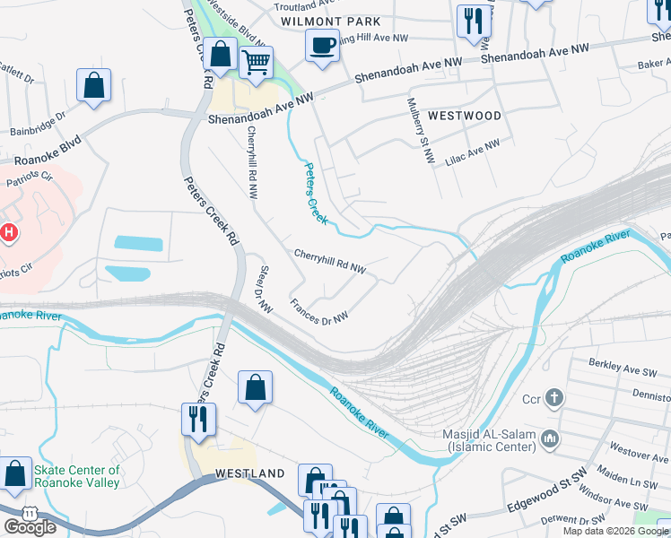 map of restaurants, bars, coffee shops, grocery stores, and more near 204 Cherryhill Road Northwest in Roanoke