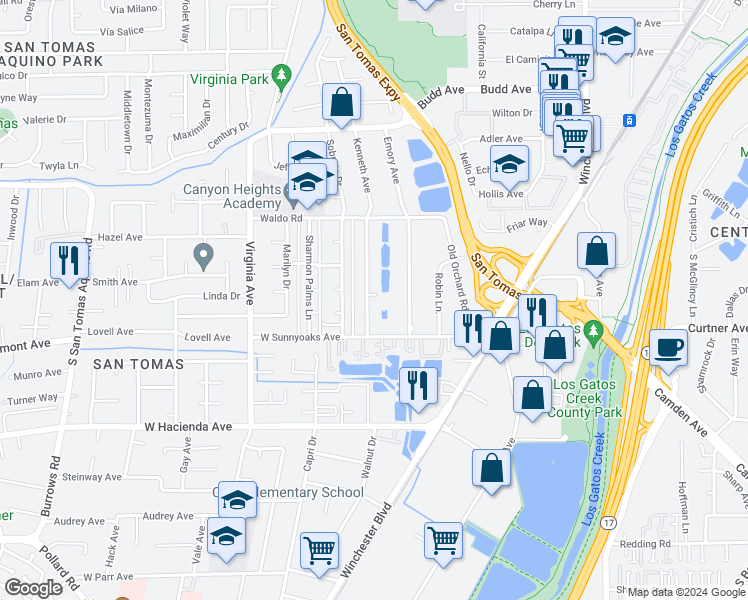 map of restaurants, bars, coffee shops, grocery stores, and more near 924 Kenneth Avenue in Campbell