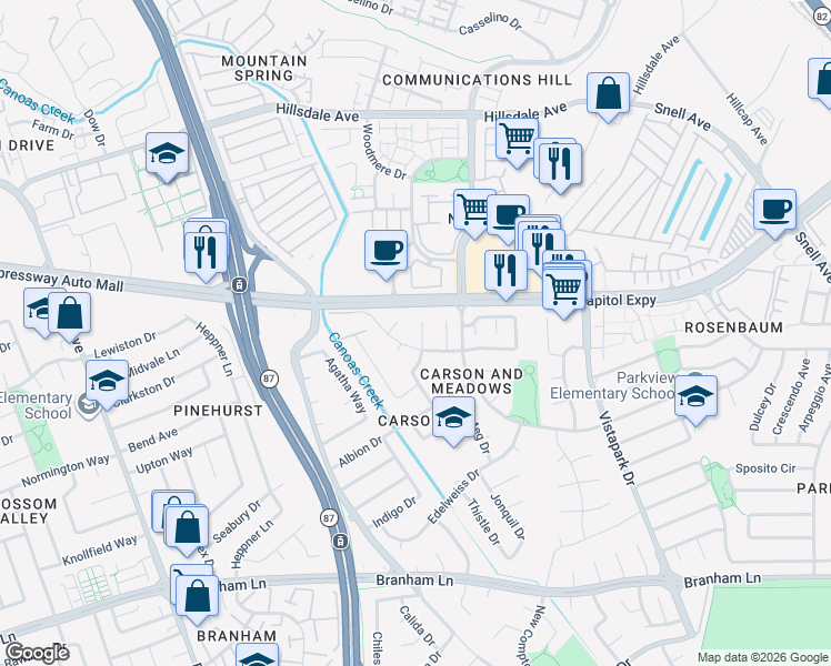 map of restaurants, bars, coffee shops, grocery stores, and more near 623 Lanfair Drive in San Jose