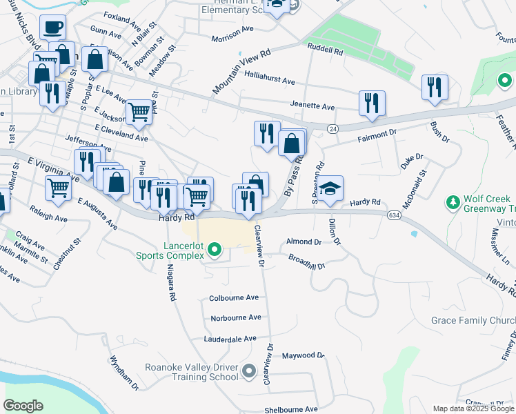 map of restaurants, bars, coffee shops, grocery stores, and more near 986-998 Hardy Rd in Vinton