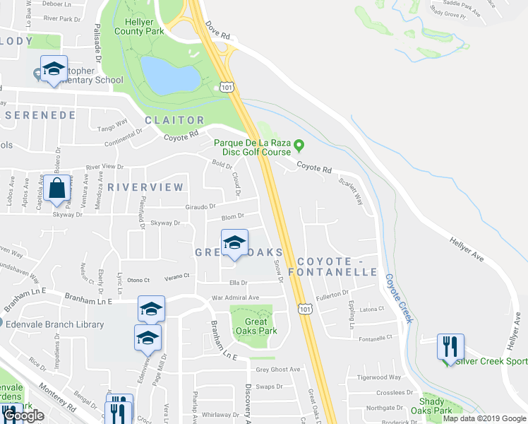 map of restaurants, bars, coffee shops, grocery stores, and more near 4936 Snow Drive in San Jose