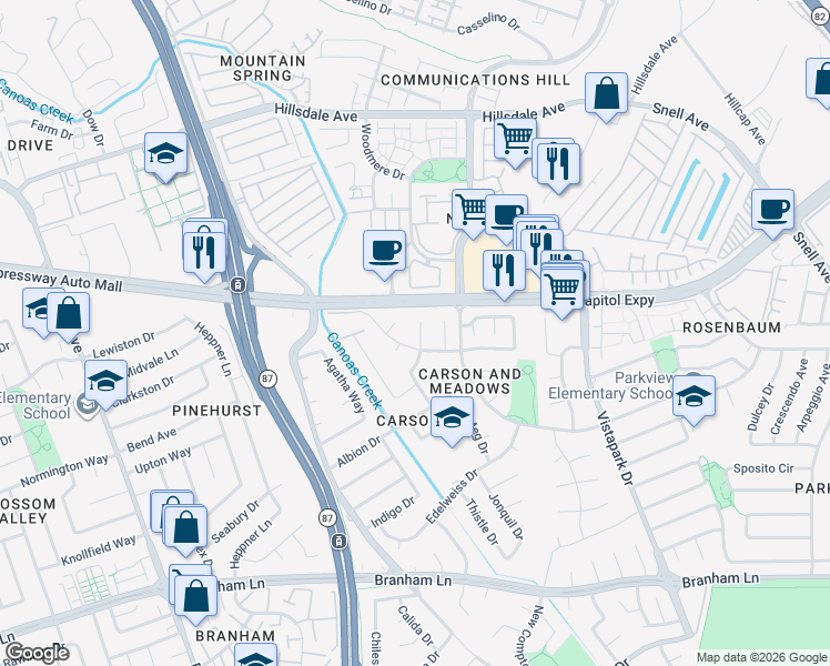 map of restaurants, bars, coffee shops, grocery stores, and more near 623 Lanfair Drive in San Jose
