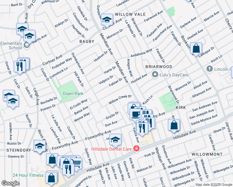 map of restaurants, bars, coffee shops, grocery stores, and more near 1689 Willow Creek Drive in San Jose