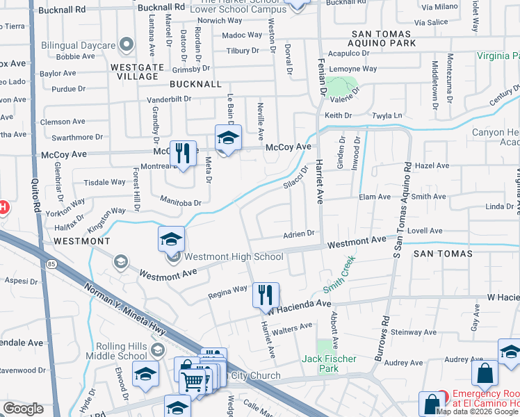 map of restaurants, bars, coffee shops, grocery stores, and more near 1685 Ebbetts Drive in Campbell