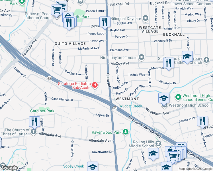 map of restaurants, bars, coffee shops, grocery stores, and more near 13349 McCulloch Avenue in Saratoga