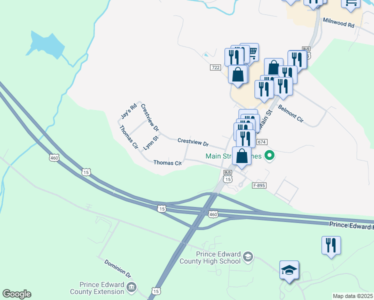 map of restaurants, bars, coffee shops, grocery stores, and more near 100 Thomas Circle in Farmville