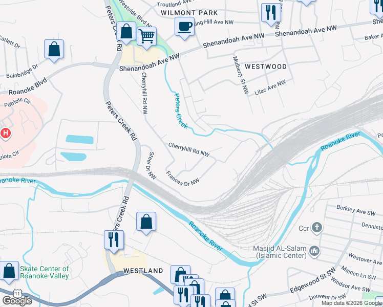 map of restaurants, bars, coffee shops, grocery stores, and more near 204 Cherryhill Road Northwest in Roanoke